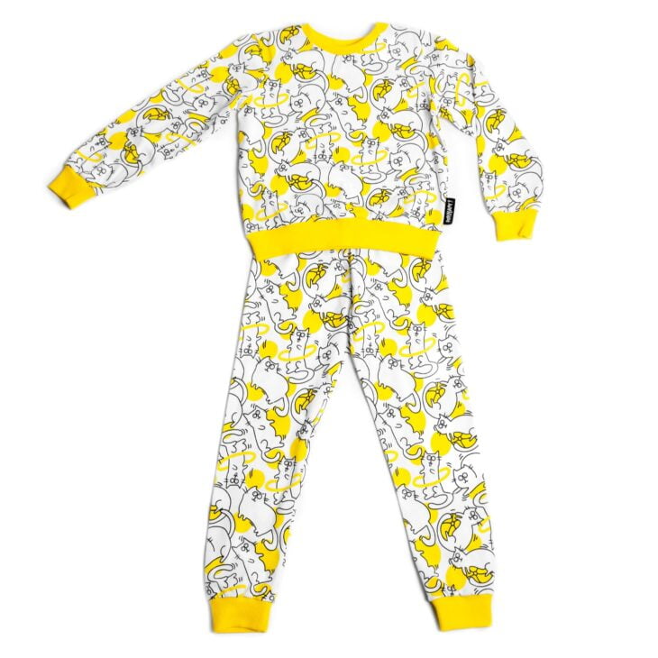 Dziecięca piżamka żółto-czarno-biała w kotki, żółty ściągacz