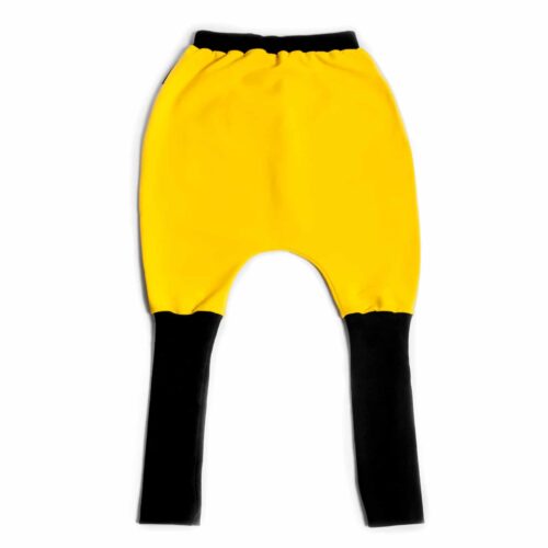 Dziecięce żółto-czarne spodnie typu pumpy, szerokie, luźne ze ściągaczem
