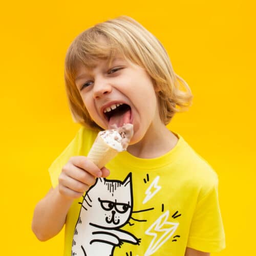 kotek piorunek t-shirt żółty w koty dzikie pląsy lody lato